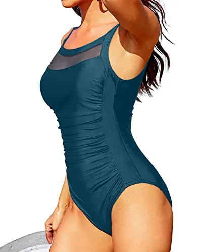 Chic Ruched Tummy Control Round Neck One Piece Swimsuits-Teal