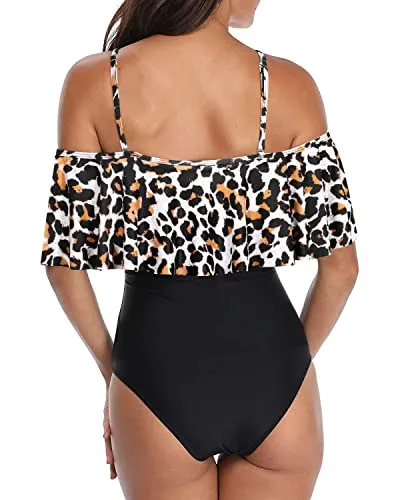 Chic Vintage Flounce One Piece Bathing Suit-Black And Leopard