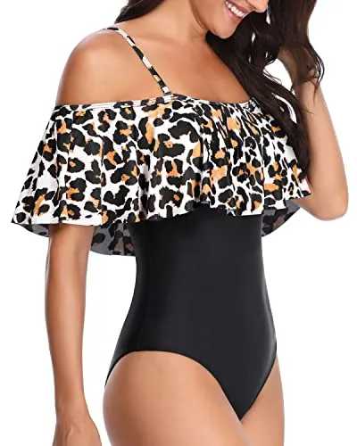 Chic Vintage Flounce One Piece Bathing Suit-Black And Leopard
