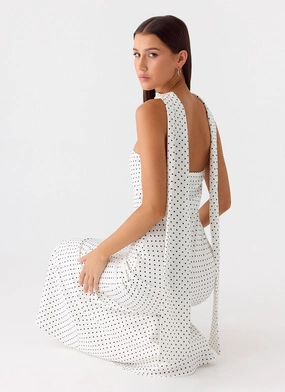 chic aesthetic Under The Pagoda Maxi Dress - White Polkadot Fashion Forward On-The-Go Outfit