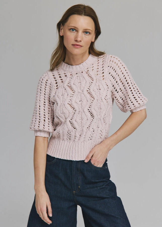 Autumn Cashmere Elbow Mesh Sleeve Cable Crew Trendy Look Seasonal Layering