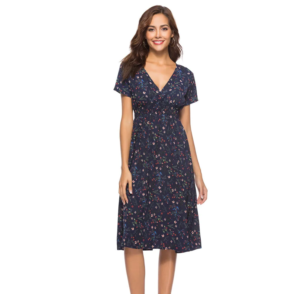 Chiffon Beach Printed V-Neck Short Sleeve Dress