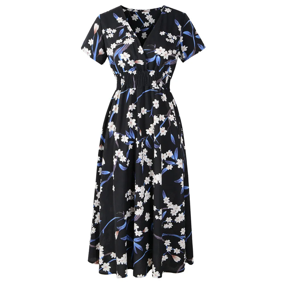 Chiffon Beach Printed V-Neck Short Sleeve Dress