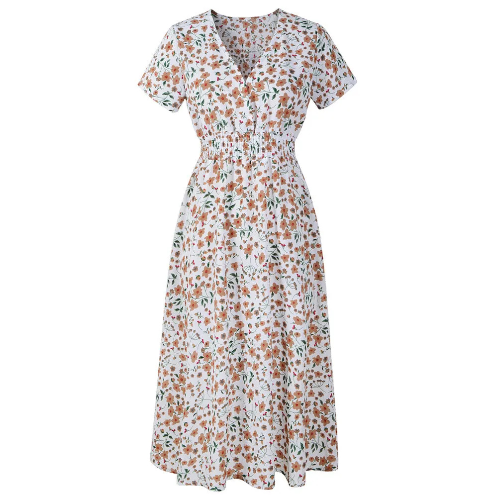 Chiffon Beach Printed V-Neck Short Sleeve Dress