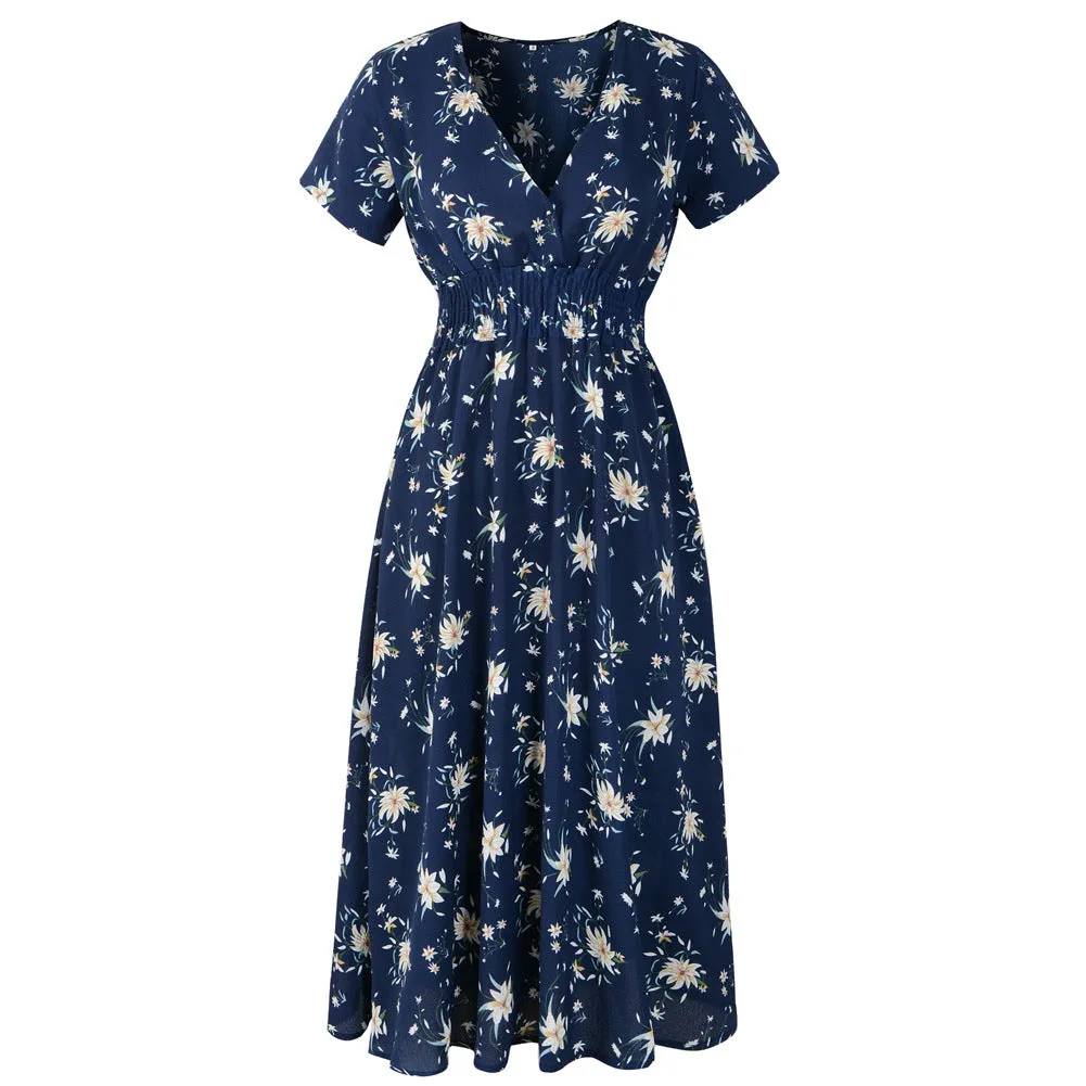 Chiffon Beach Printed V-Neck Short Sleeve Dress