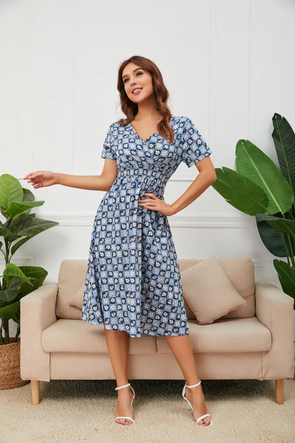 Chiffon Beach Printed V-Neck Short Sleeve Dress