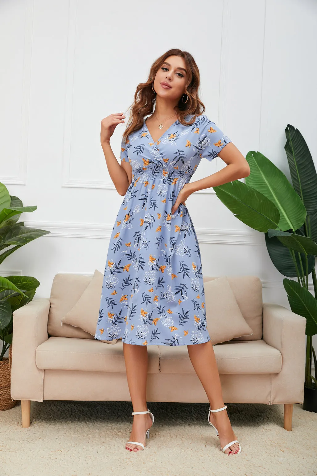 Chiffon Beach Printed V-Neck Short Sleeve Dress