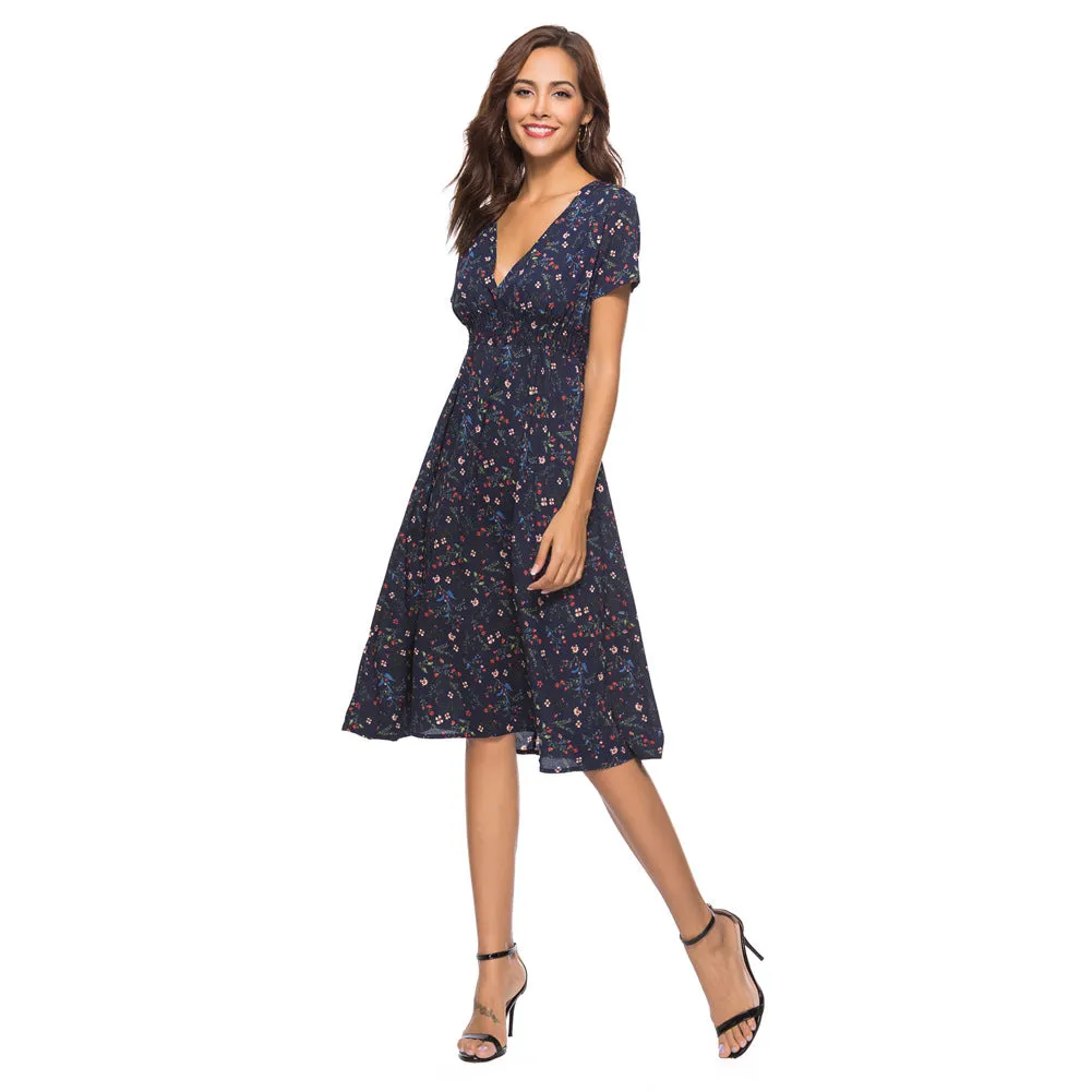 Chiffon Beach Printed V-Neck Short Sleeve Dress