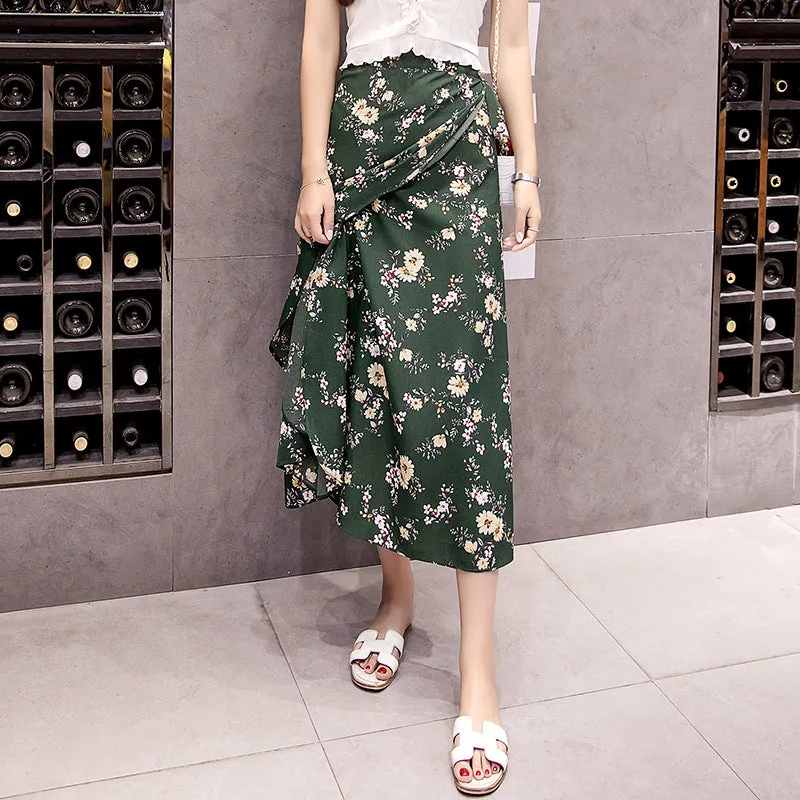 Chiffon Skirt Women Summer Korean All-Matching One-Piece Floral Lace Trendy High Waist Mid-Length Beach Beachwear