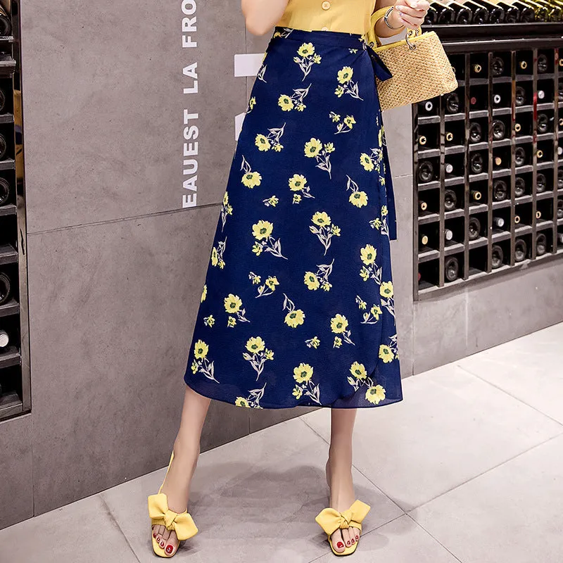 Chiffon Skirt Women Summer Korean All-Matching One-Piece Floral Lace Trendy High Waist Mid-Length Beach Beachwear