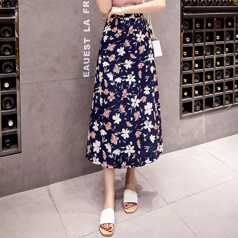 Chiffon Skirt Women Summer Korean All-Matching One-Piece Floral Lace Trendy High Waist Mid-Length Beach Beachwear