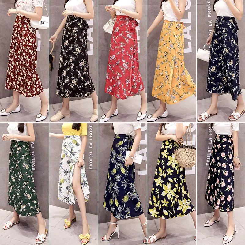 Chiffon Skirt Women Summer Korean All-Matching One-Piece Floral Lace Trendy High Waist Mid-Length Beach Beachwear