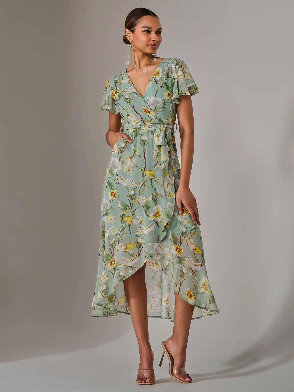 Chiffon Wrap Midi Dress, Teal Floral