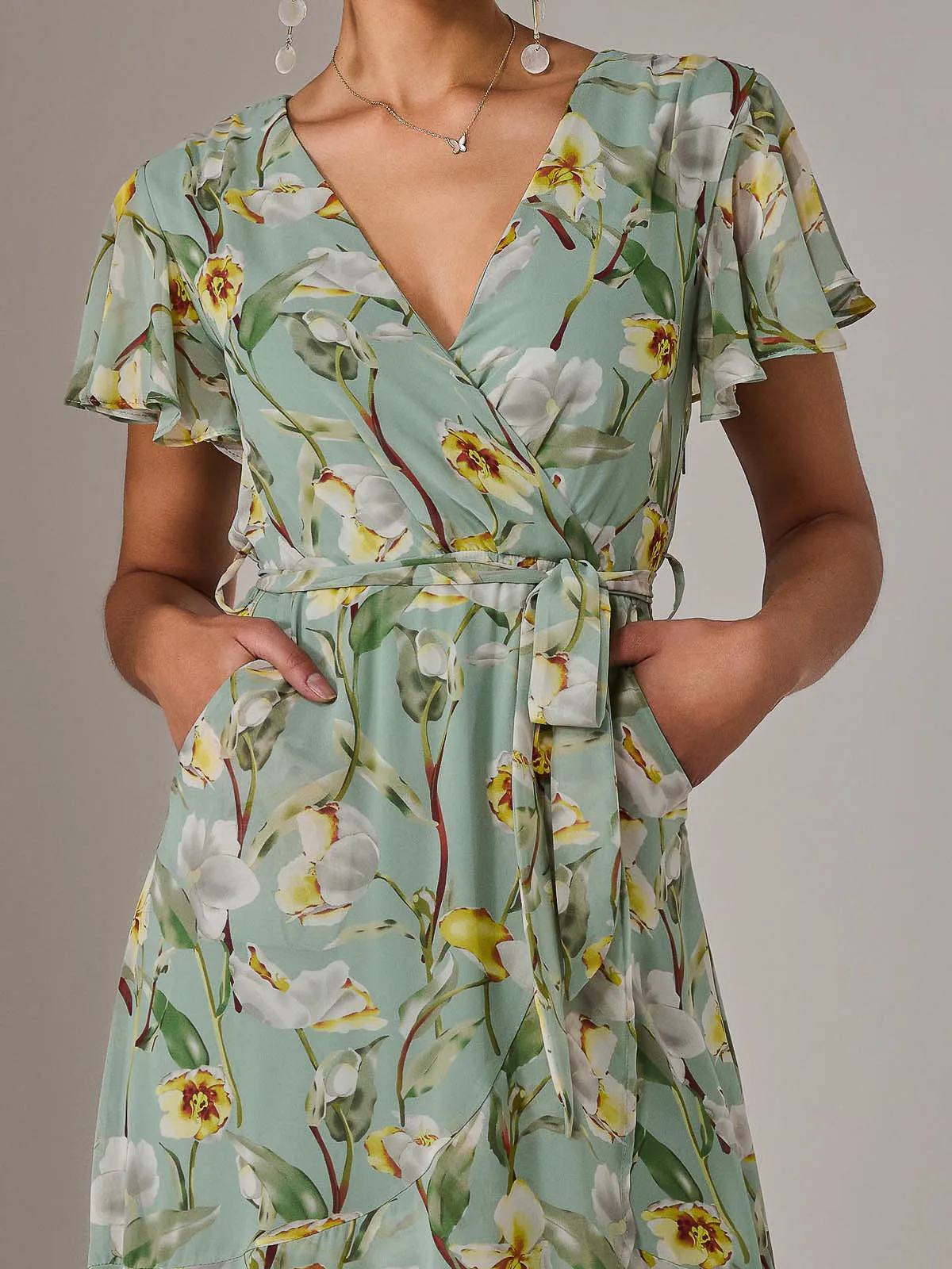 Chiffon Wrap Midi Dress, Teal Floral