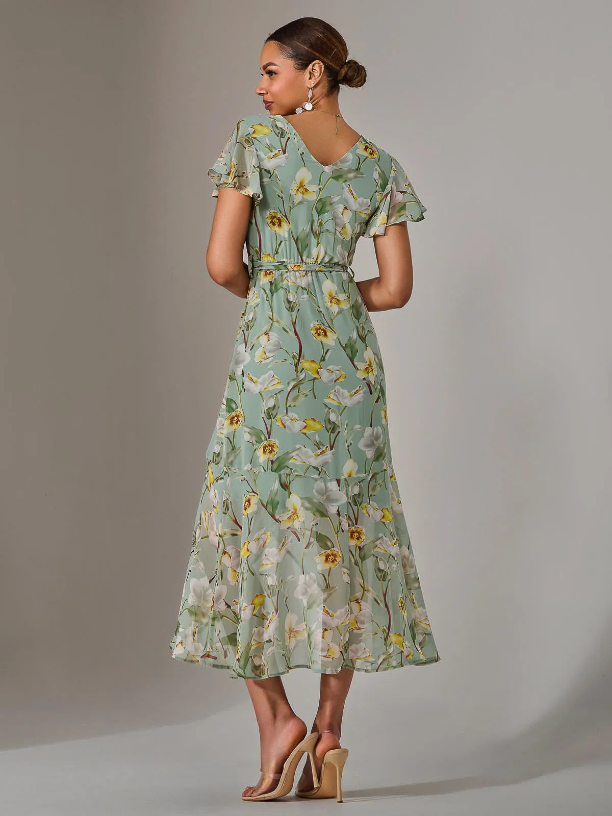 Chiffon Wrap Midi Dress, Teal Floral