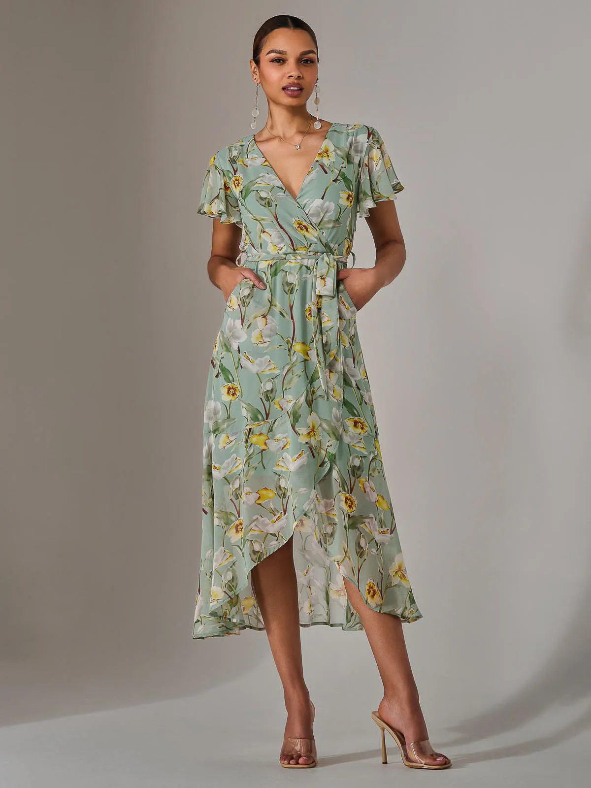 Chiffon Wrap Midi Dress, Teal Floral