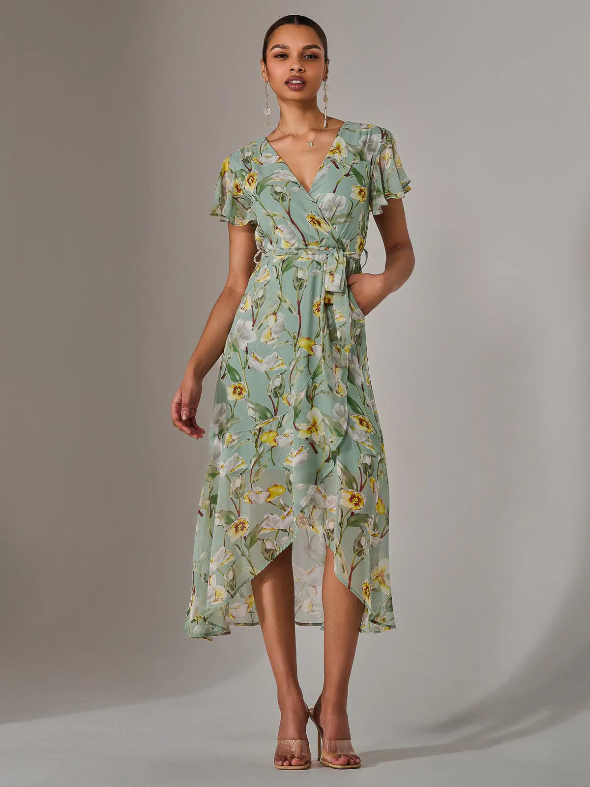 Chiffon Wrap Midi Dress, Teal Floral