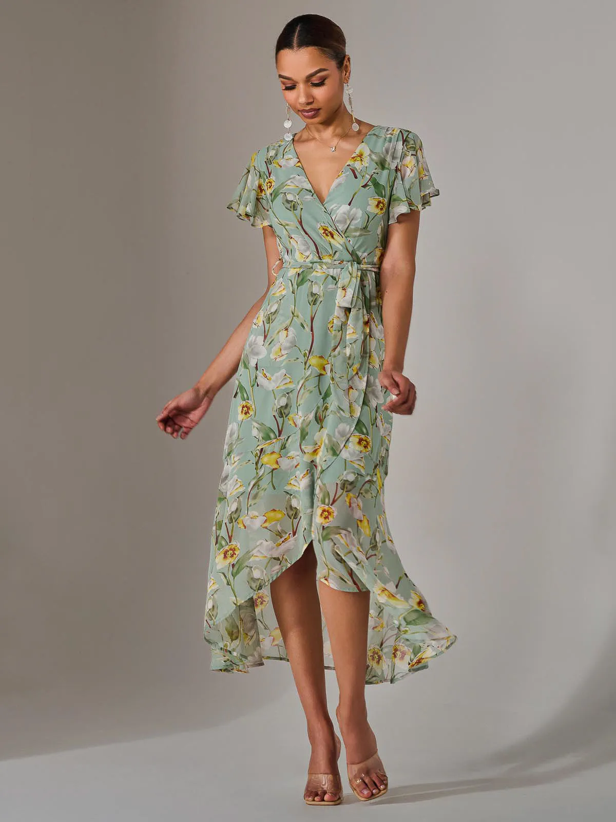 Chiffon Wrap Midi Dress, Teal Floral