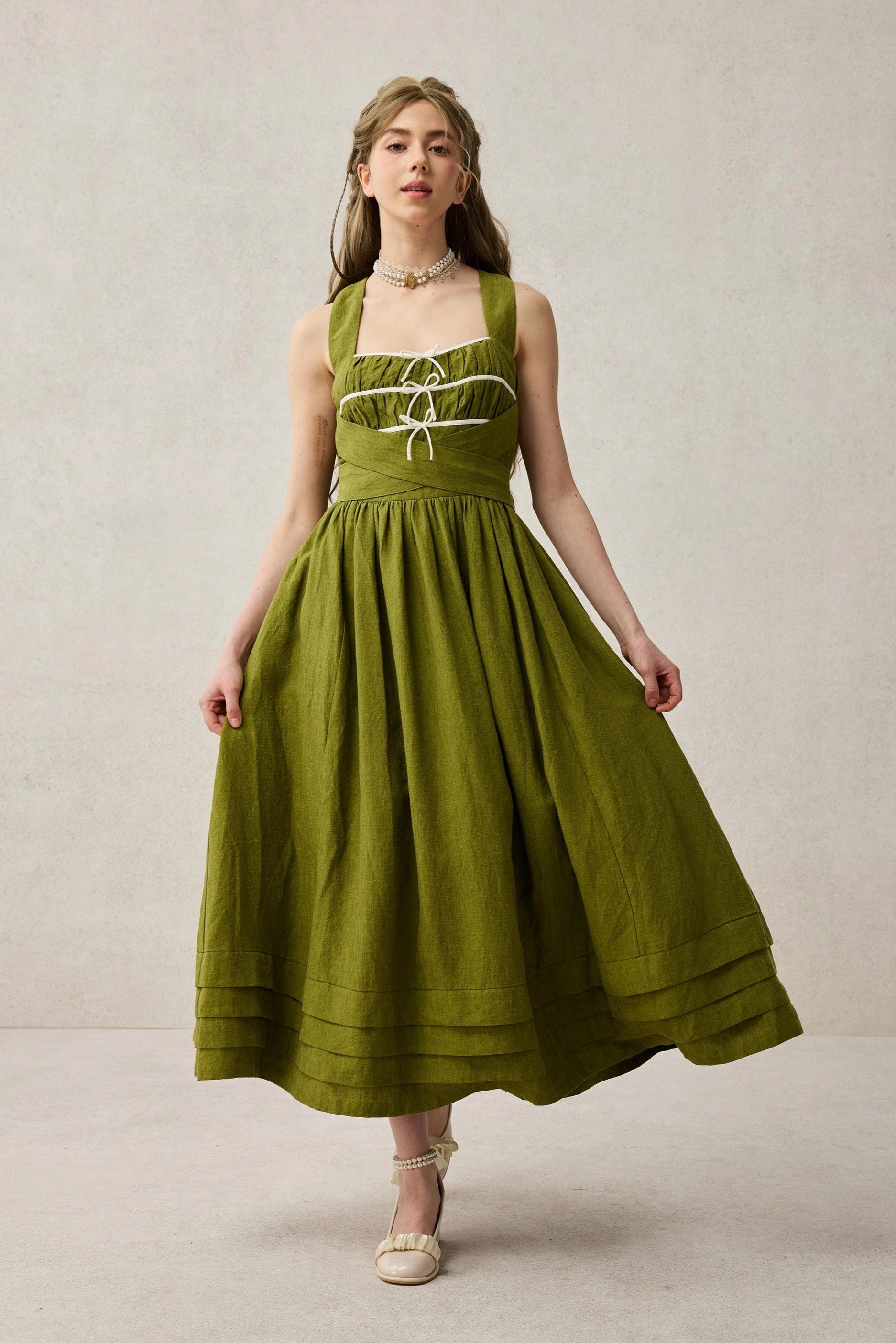 Chloris 19 |cross back linen dress Hidden Pocket System