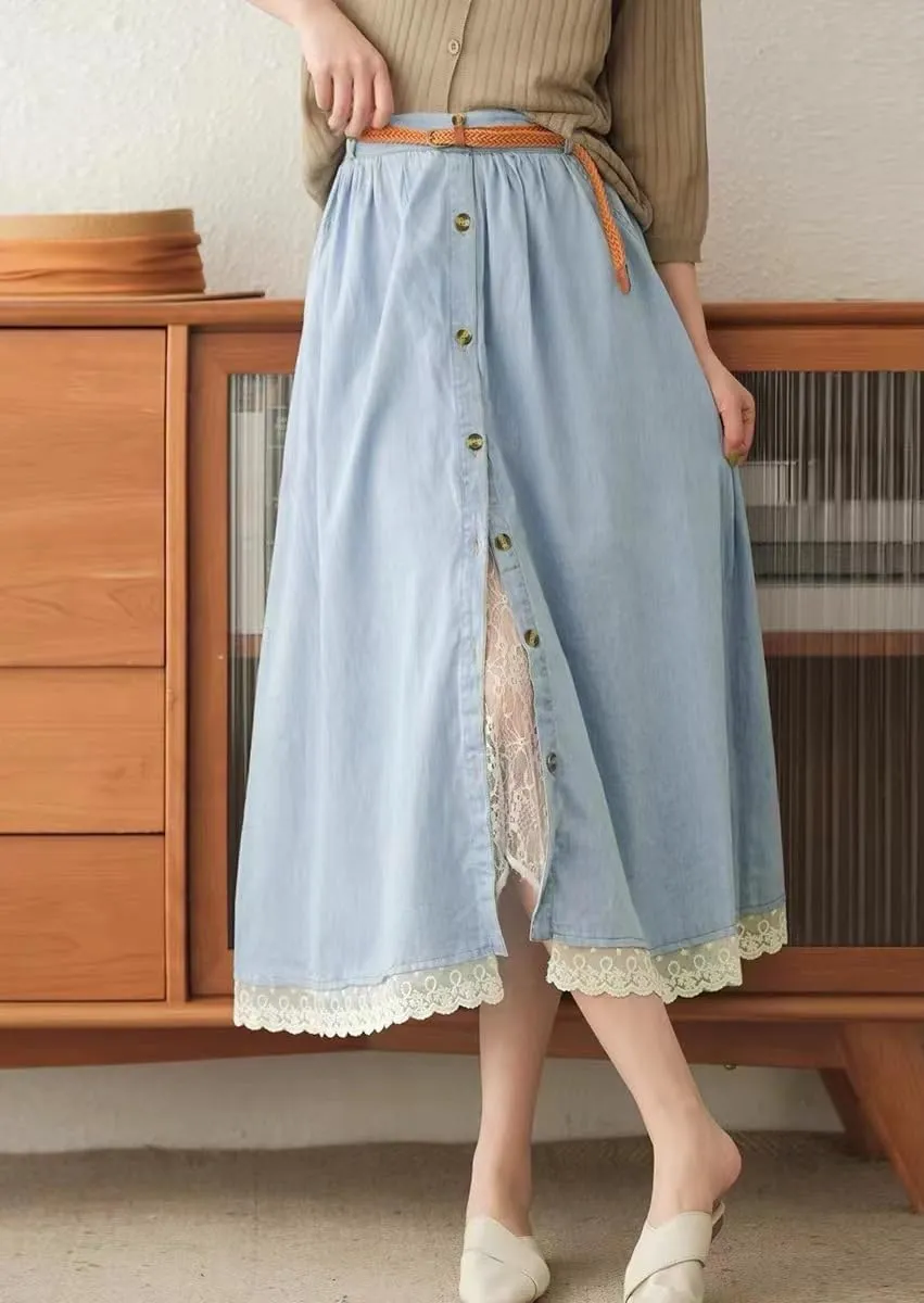 chouyatou Women's Casual Button Front Denim Skirt Elastic Waist Lace Ruffle Pleated Midi Long Jean Skirt