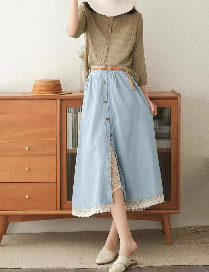chouyatou Women's Casual Button Front Denim Skirt Elastic Waist Lace Ruffle Pleated Midi Long Jean Skirt