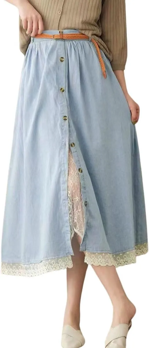 chouyatou Women's Casual Button Front Denim Skirt Elastic Waist Lace Ruffle Pleated Midi Long Jean Skirt