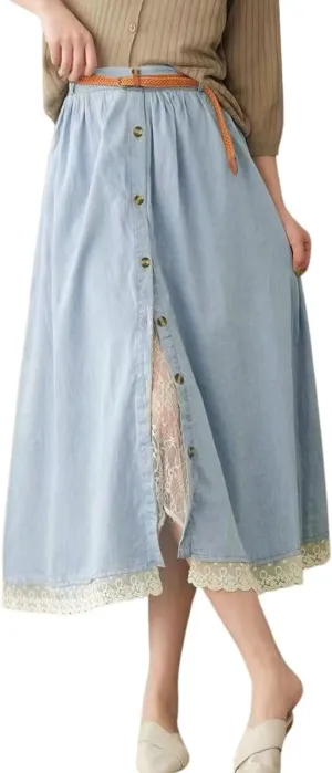 chouyatou Women's Casual Button Front Denim Skirt Elastic Waist Lace Ruffle Pleated Midi Long Jean Skirt