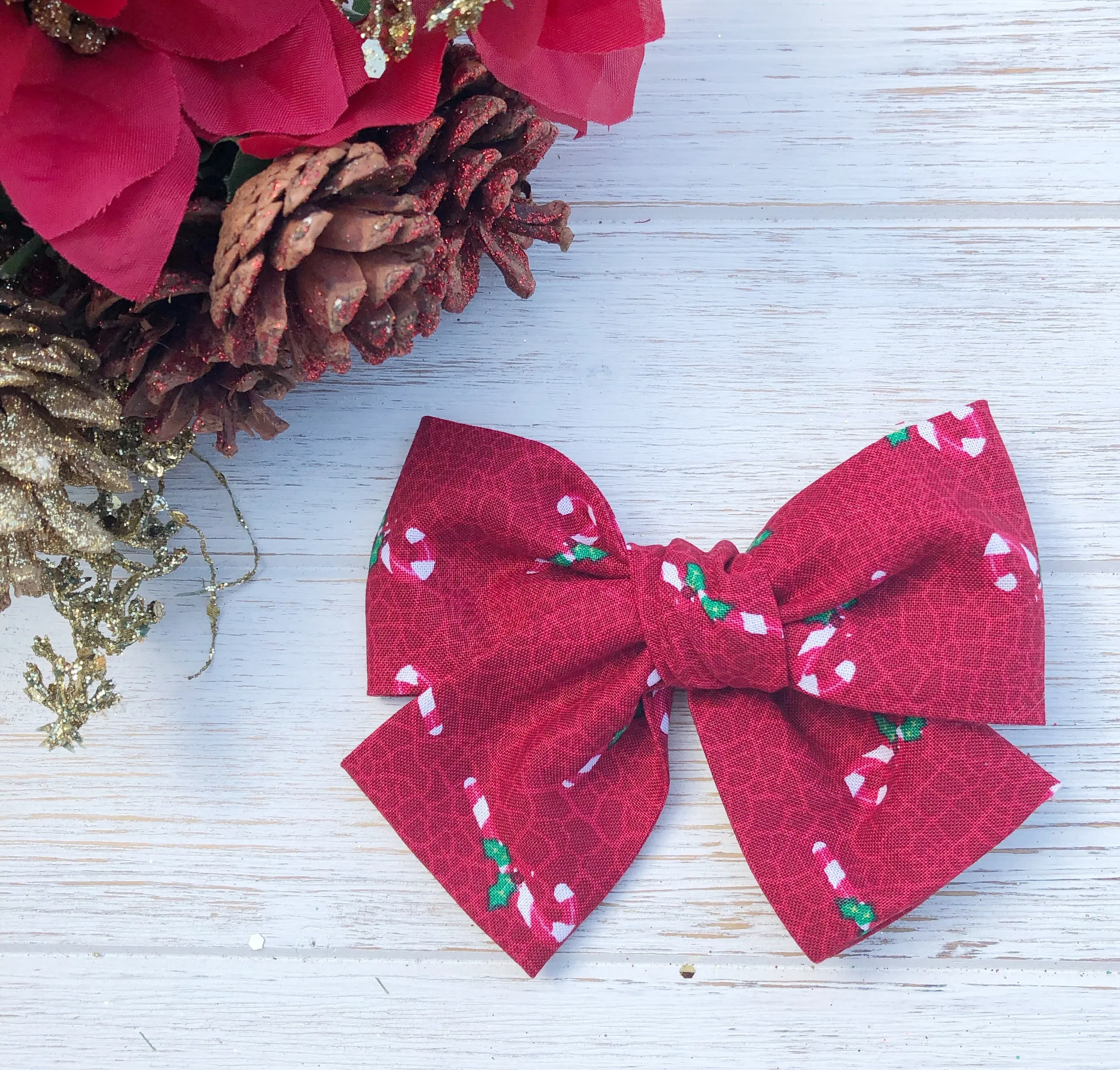 Christmas Candy Cane Hand Tied Fabric Bow Headband | Hair Clip