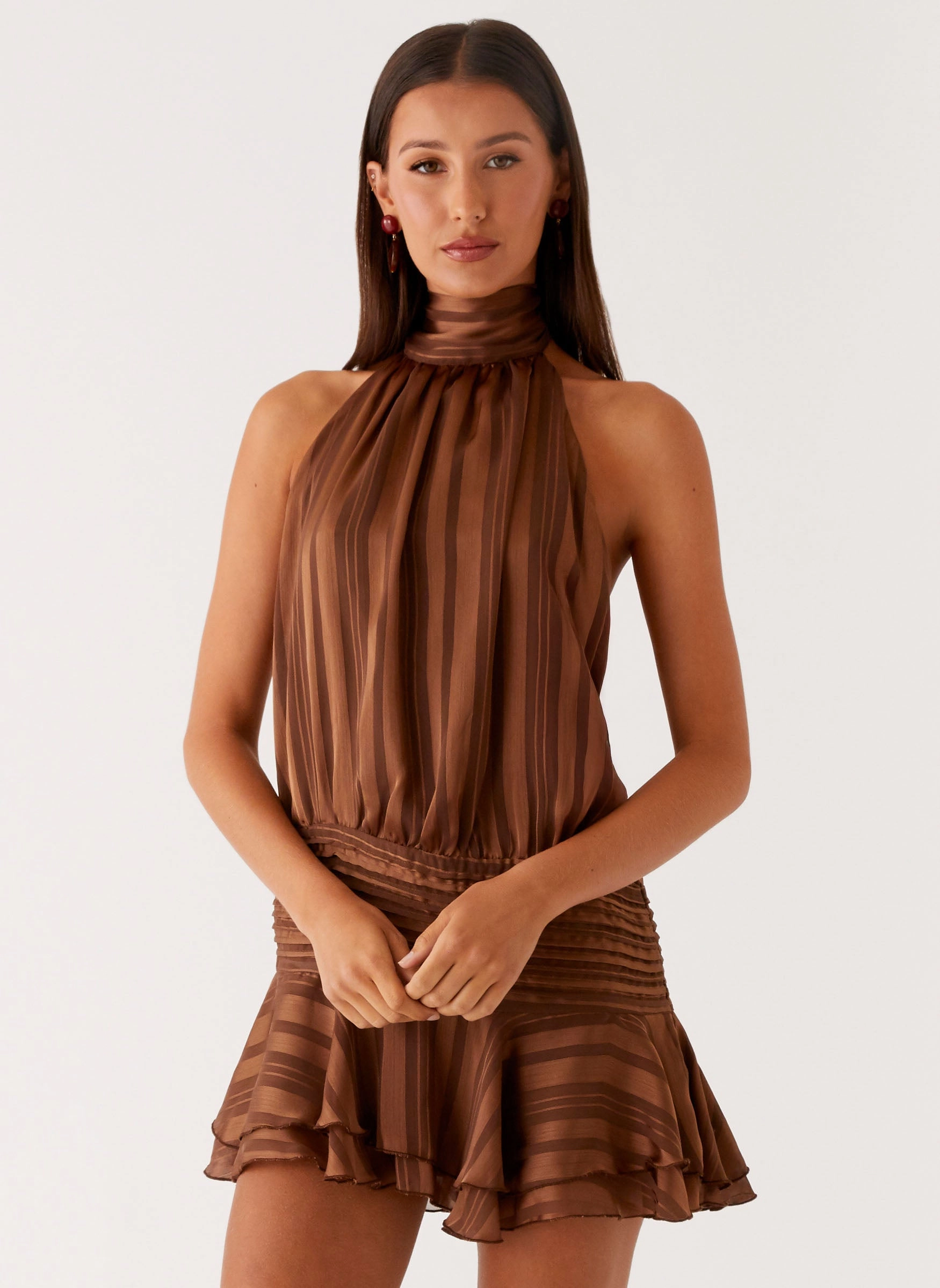 City Favorite Willow Chiffon Mini Dress - Chocolate Classic Touch Style Moment
