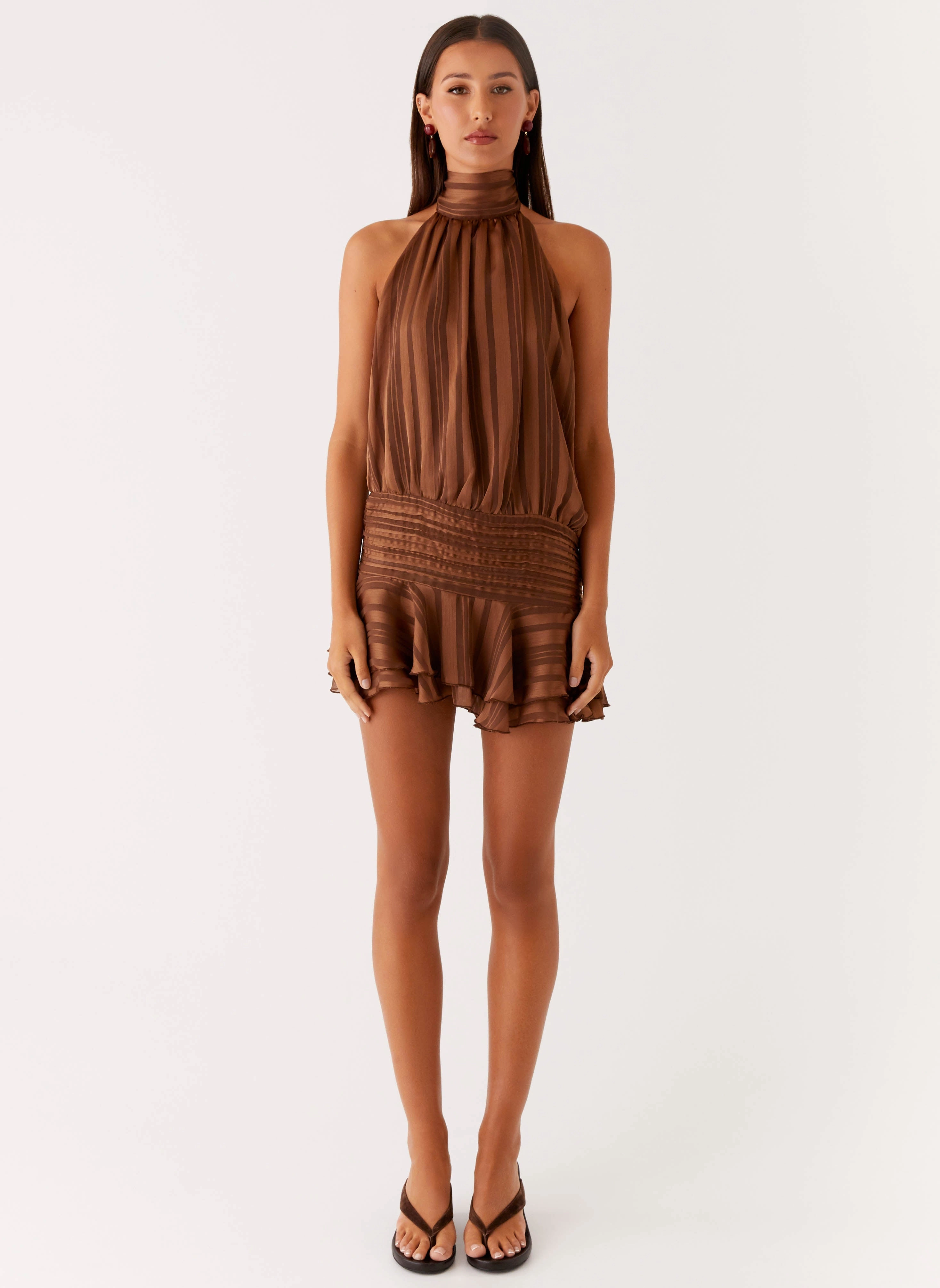 City Favorite Willow Chiffon Mini Dress - Chocolate Anti Pilling Treatment Fashion Detail