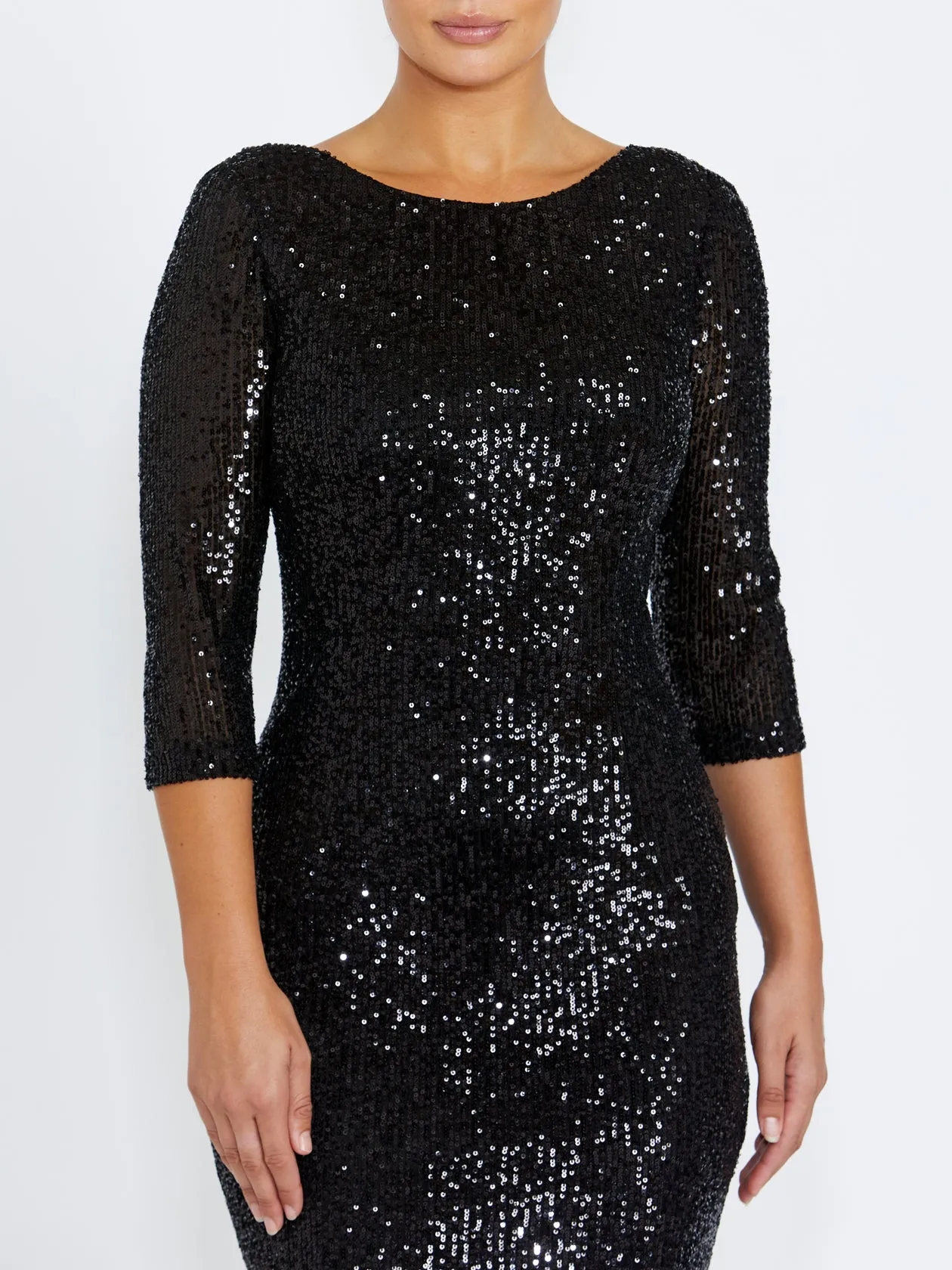 Claire Black Sequin Dress ruffle trim