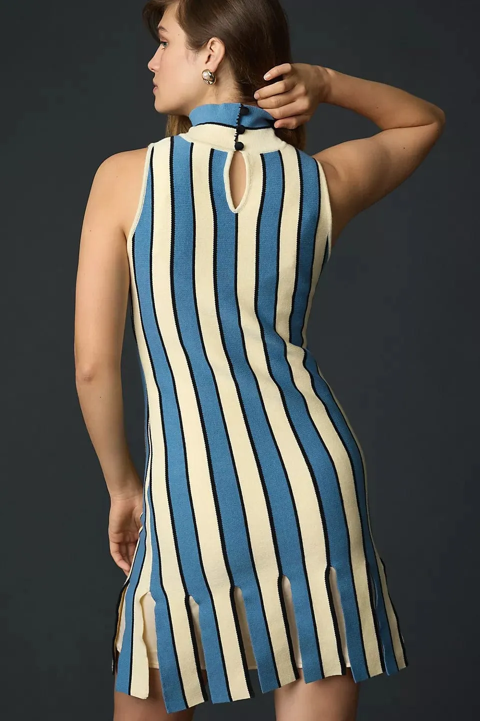 Mock-Neck Sleeveless Mini Dress Side Pleats