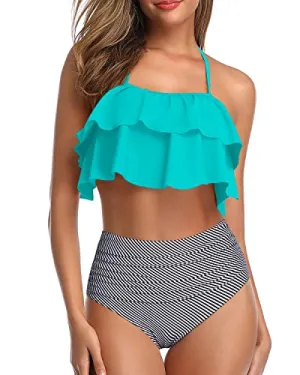 Classic Two-Piece Bikini Backless Design-Aqua Stripe