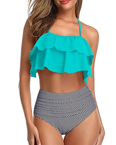 Classic Two-Piece Bikini Backless Design-Aqua Stripe