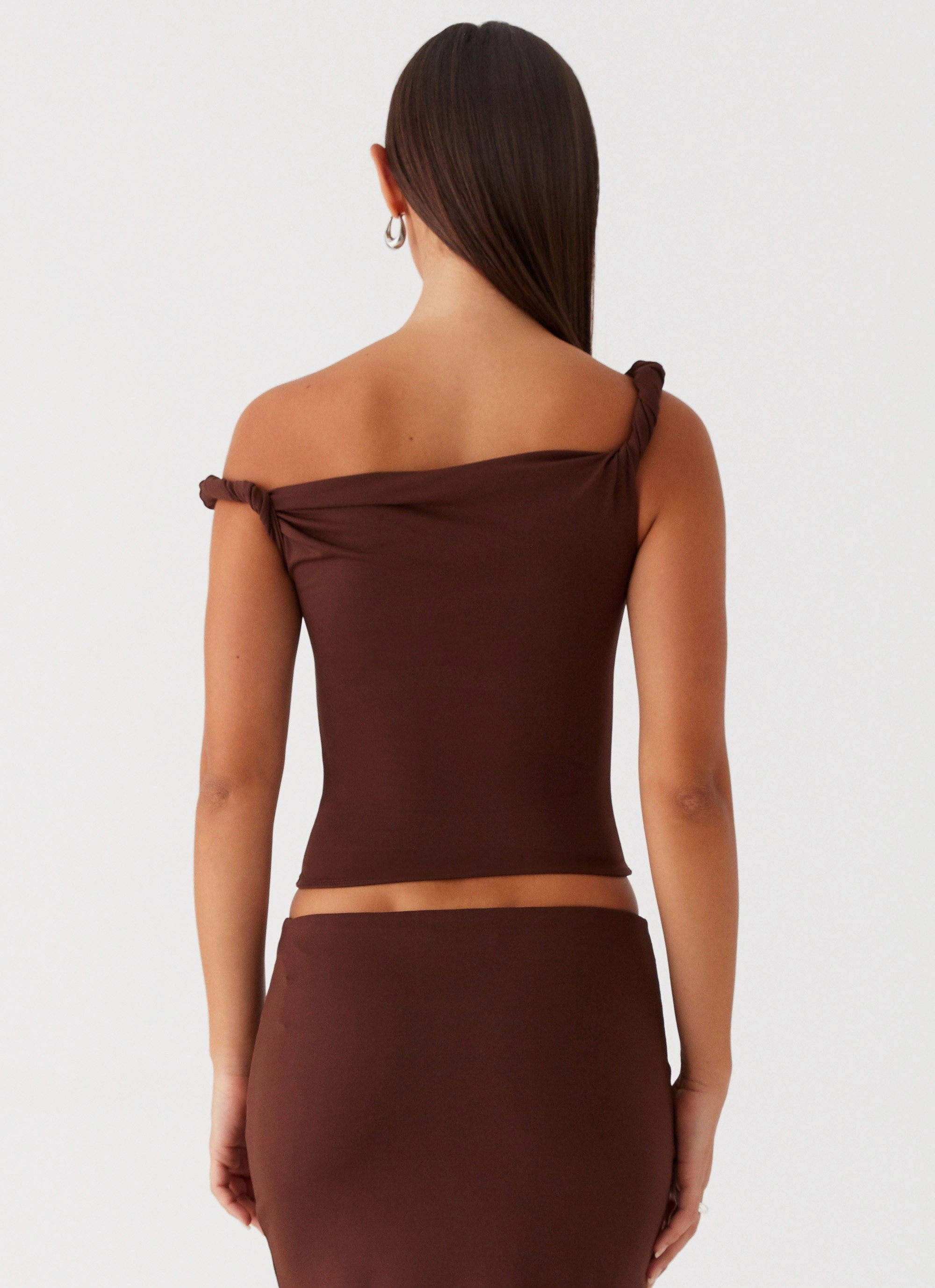 Solace Soul Twist Shoulder Top - Chocolate Chic Appeal High Street Chic