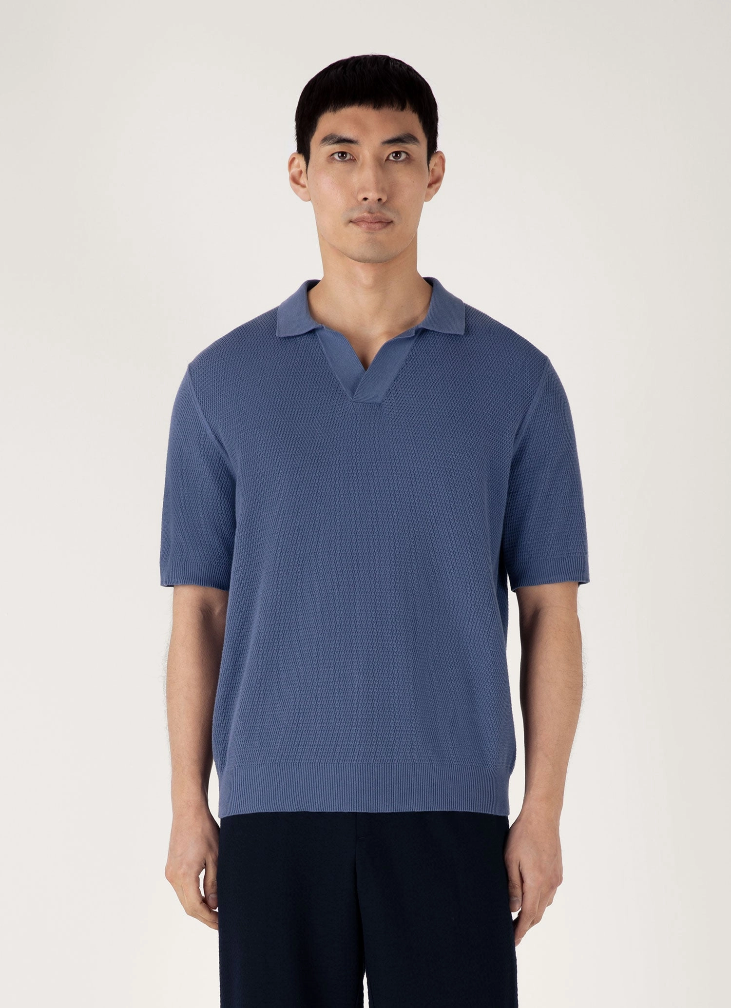 Men's Compact Mesh Knit Polo Shirt in Soft Denim Colorfast Dye Process Golf Ready