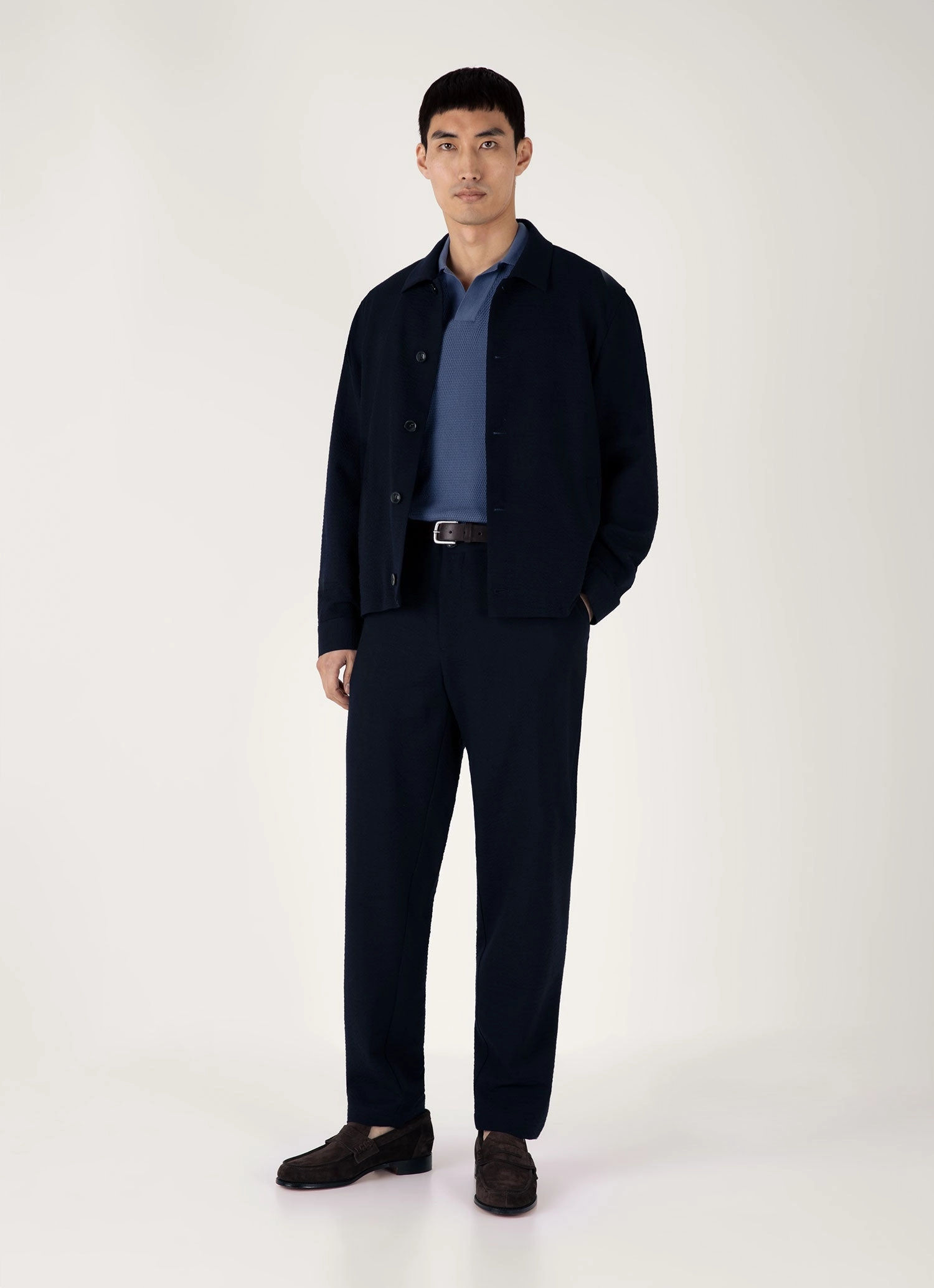 Sleek Wear High-end Comfort Men's Compact Mesh Knit Polo Shirt in Soft Denim