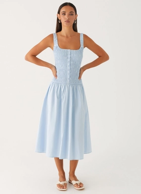 Classic Tailoring Wildflower Midi Dress - Blue Timeless fitted silhouette Comfortable Layer Wildflower Midi Dress - Blue