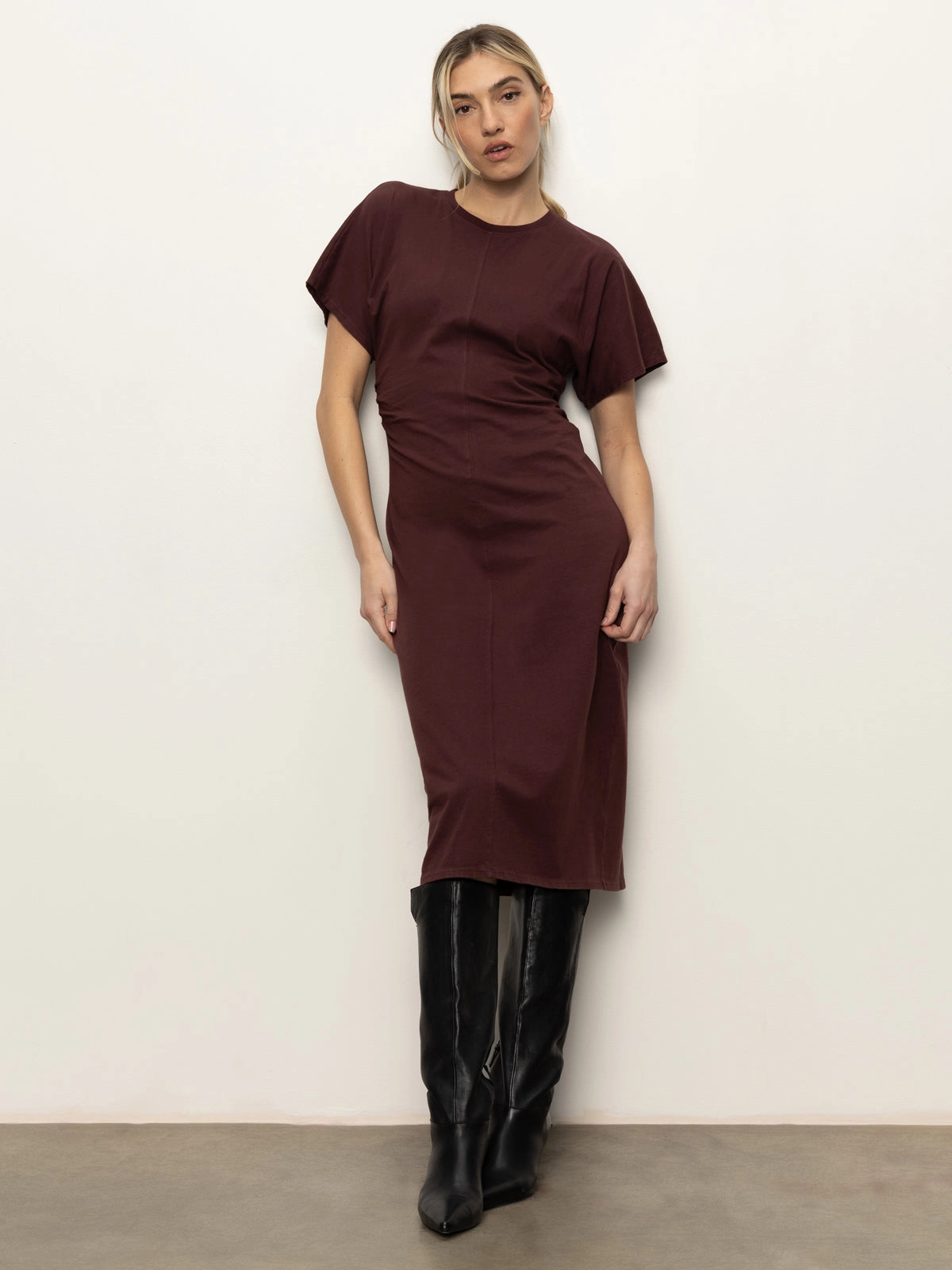 Delicate Edge Knit Warm Cinched Waist T-Shirt Dress Chicory