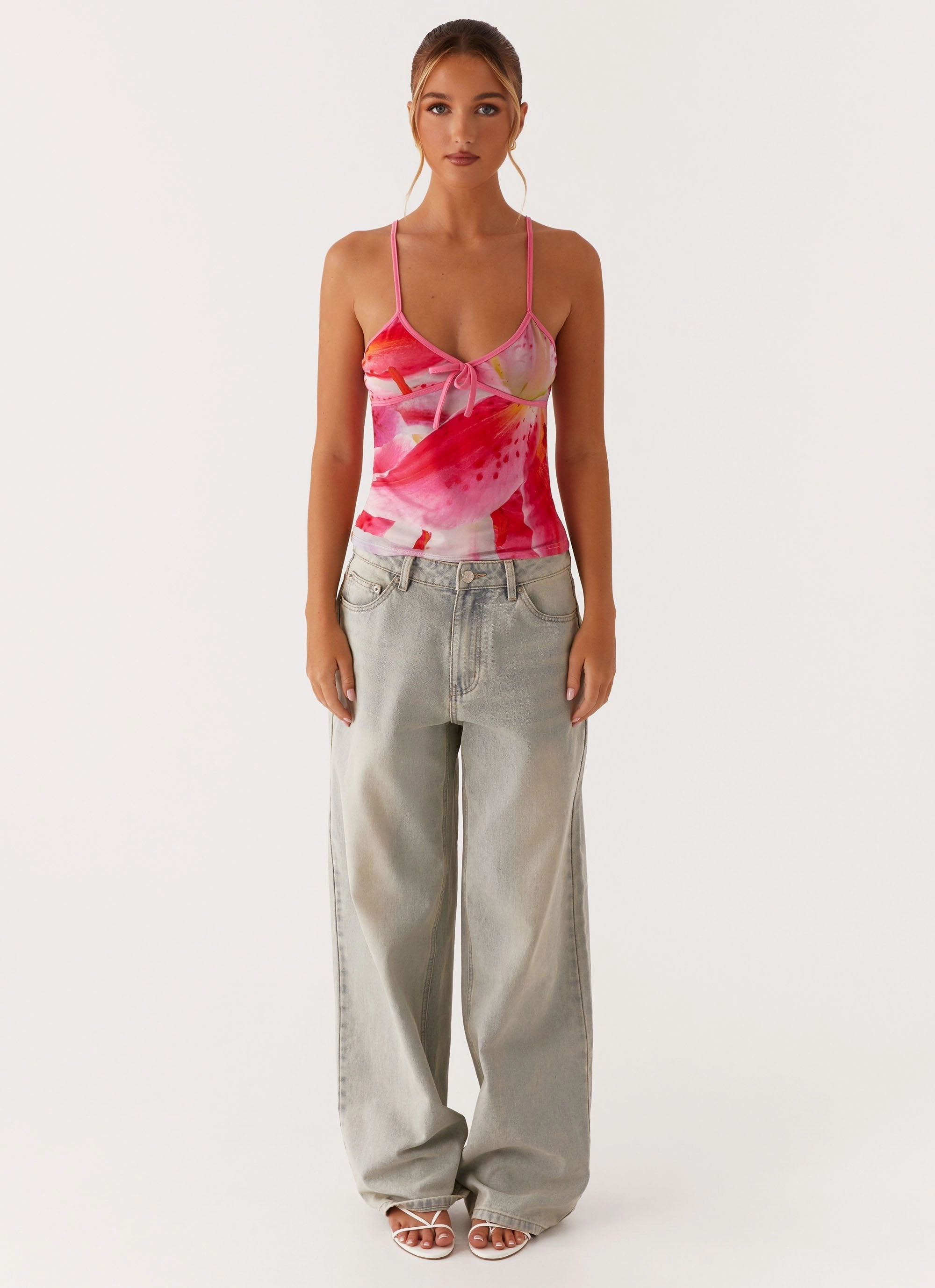 Claudie Mesh Top - White Pink Lilly Thermal Insulation Core CrossBackDesign