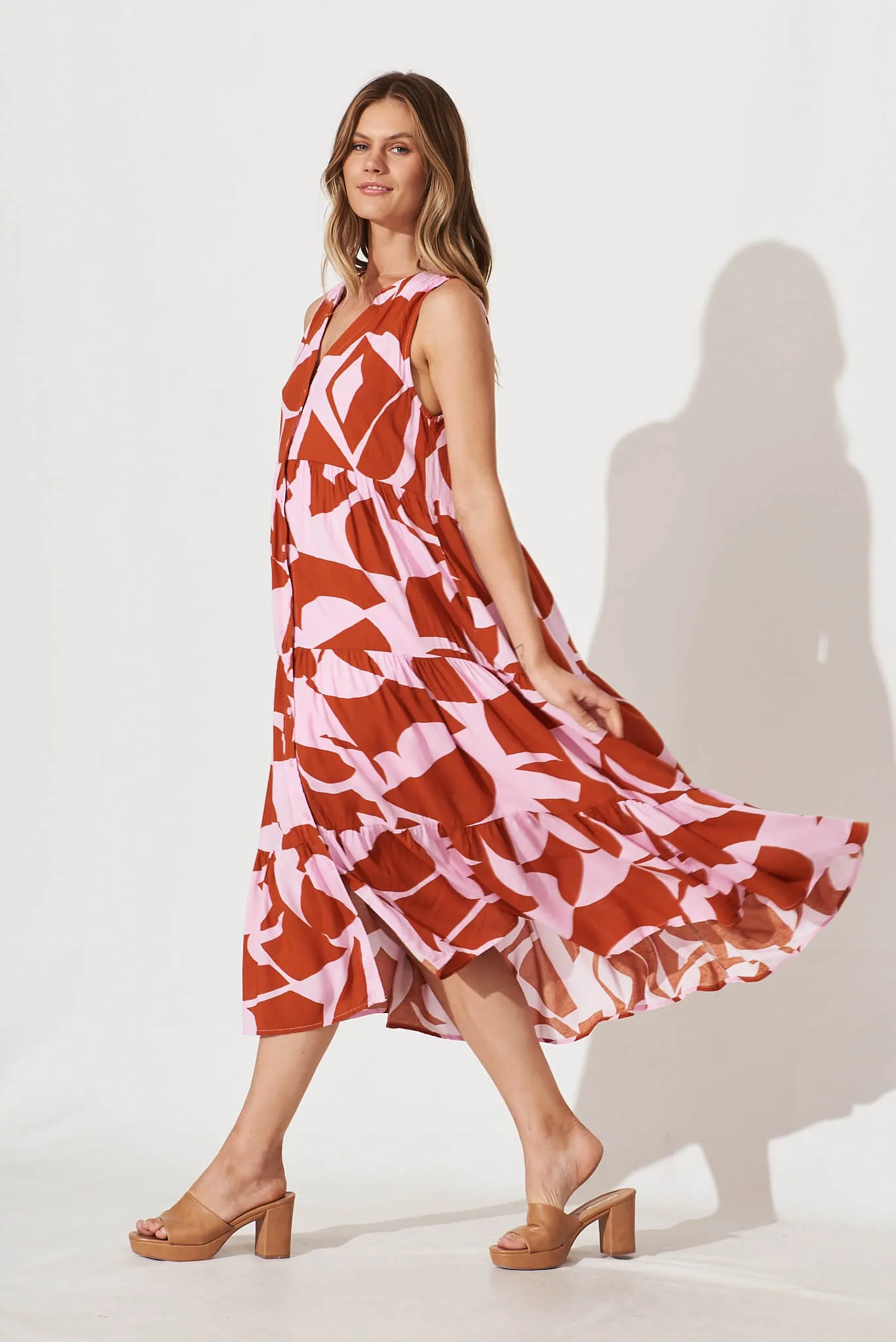 Clover Midi Smock Dress In Rust And Pink Geometric Print