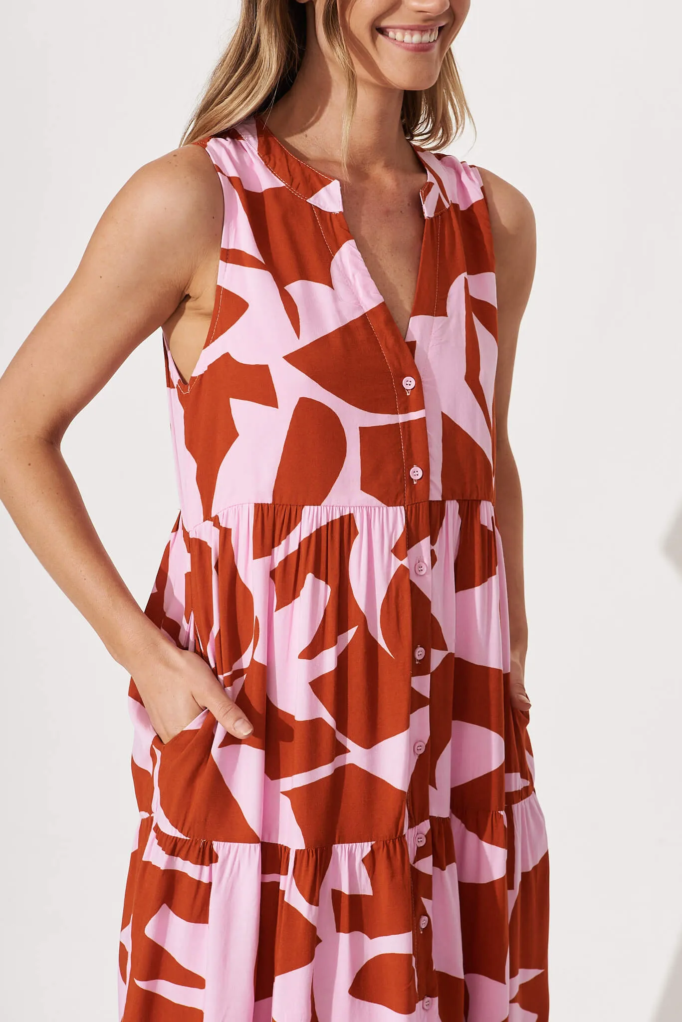 Clover Midi Smock Dress In Rust And Pink Geometric Print