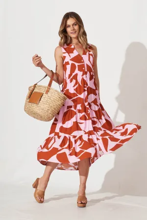 Clover Midi Smock Dress In Rust And Pink Geometric Print