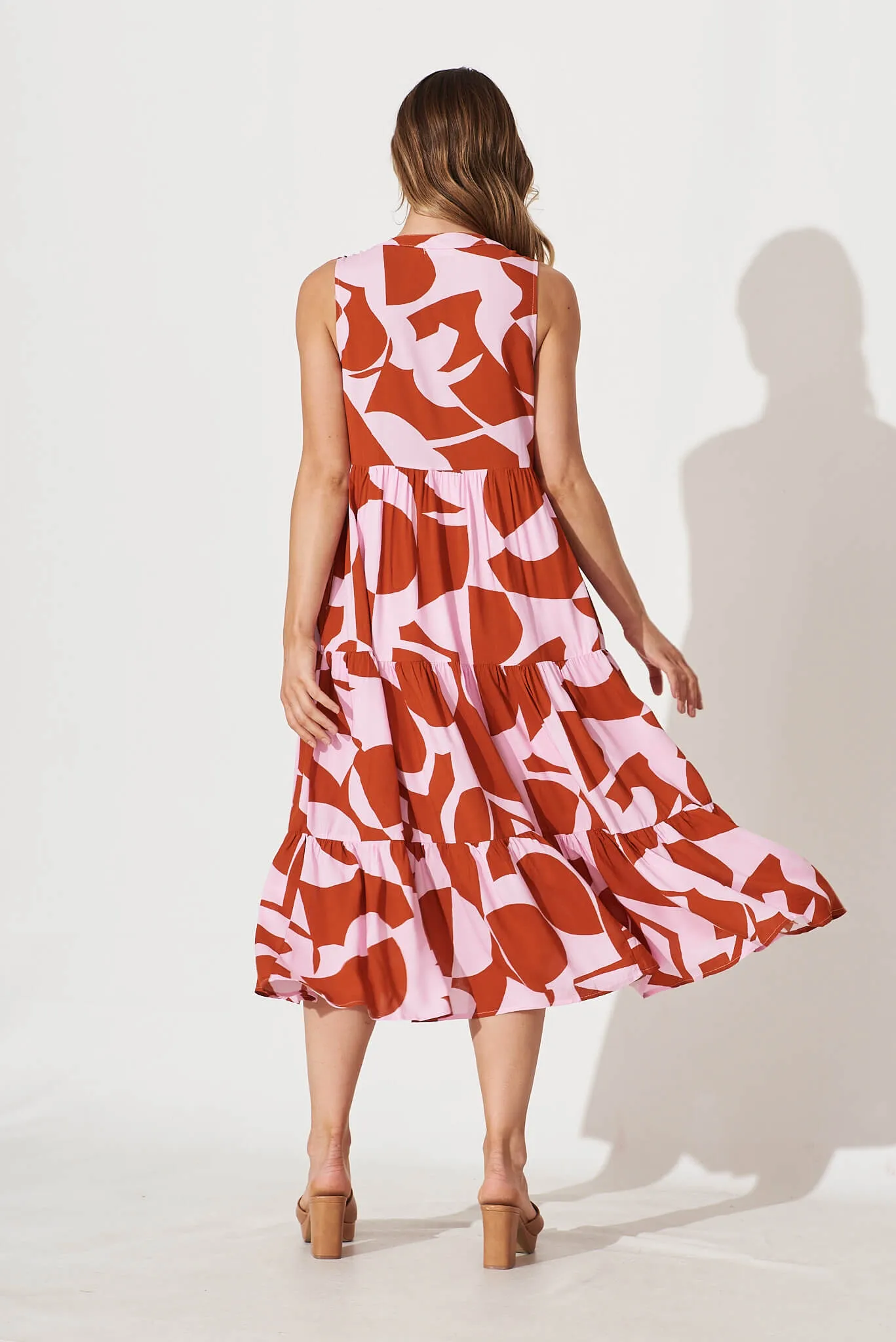 Clover Midi Smock Dress In Rust And Pink Geometric Print