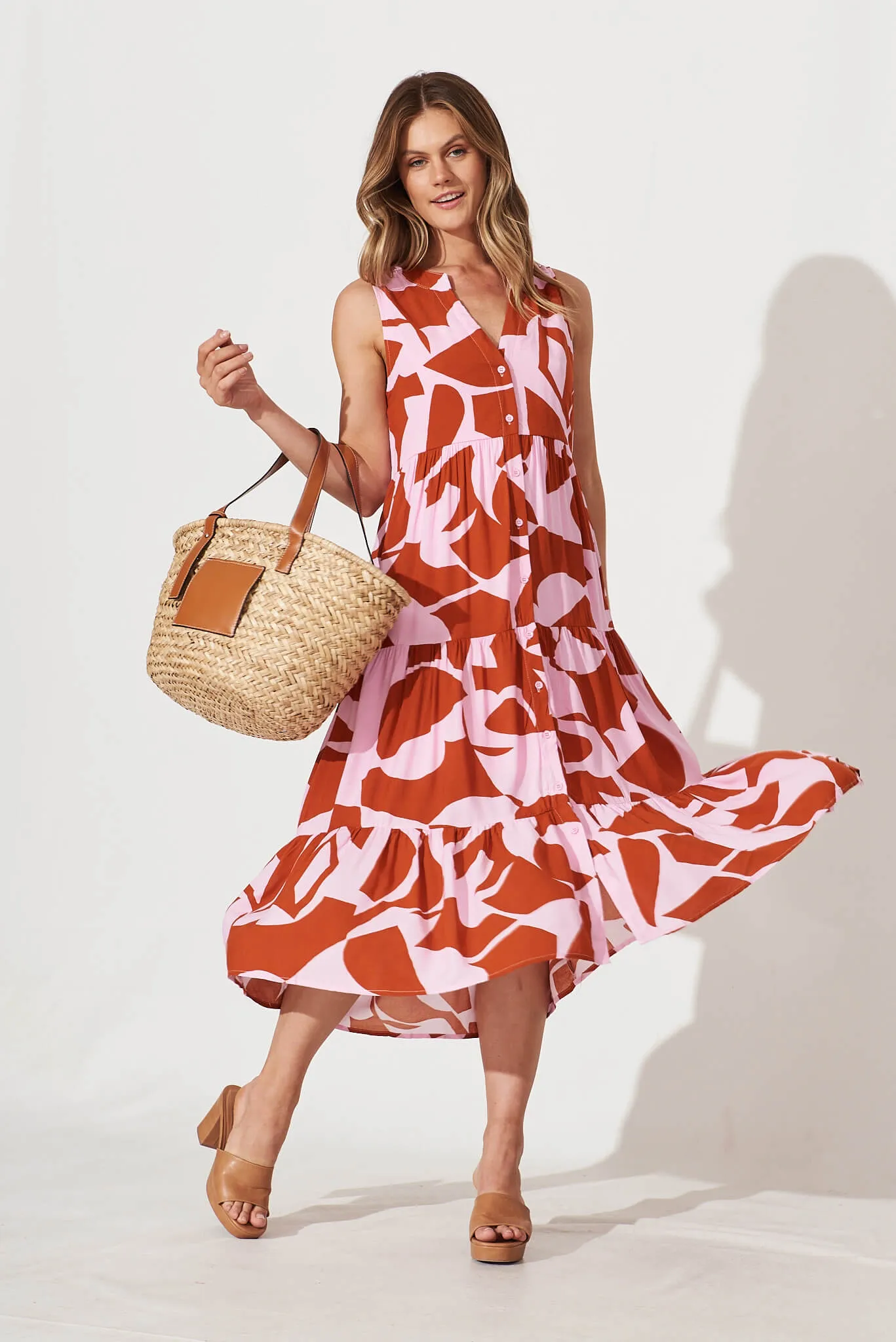 Clover Midi Smock Dress In Rust And Pink Geometric Print