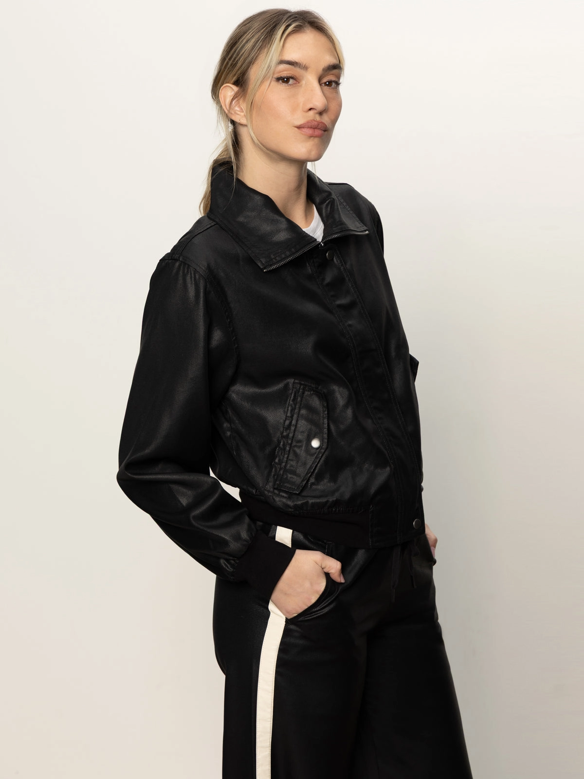 Coated Twill Bomber Jacket Black Barrier Seam Construction