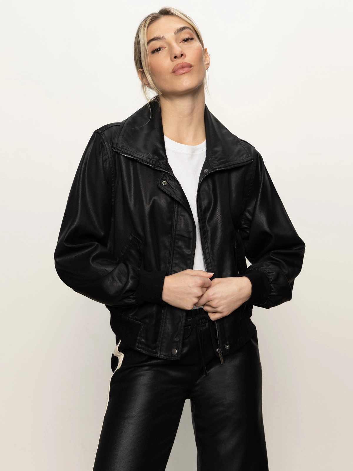 Coated Twill Bomber Jacket Black Compact Storage