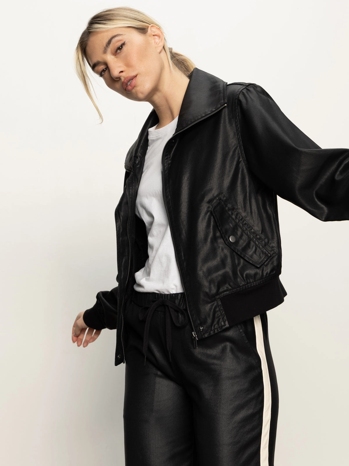 Idolize Coated Twill Bomber Jacket Black