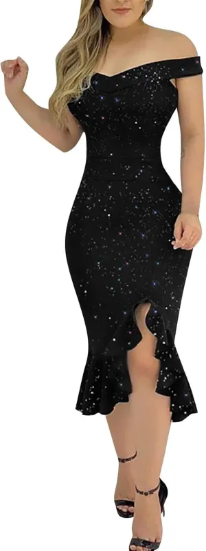 Cocktail Dresses for Women,2025 Elegant Bodycon One/Off Shoulder Wedding Guest Dress Ruched Slit Hem Party Dress