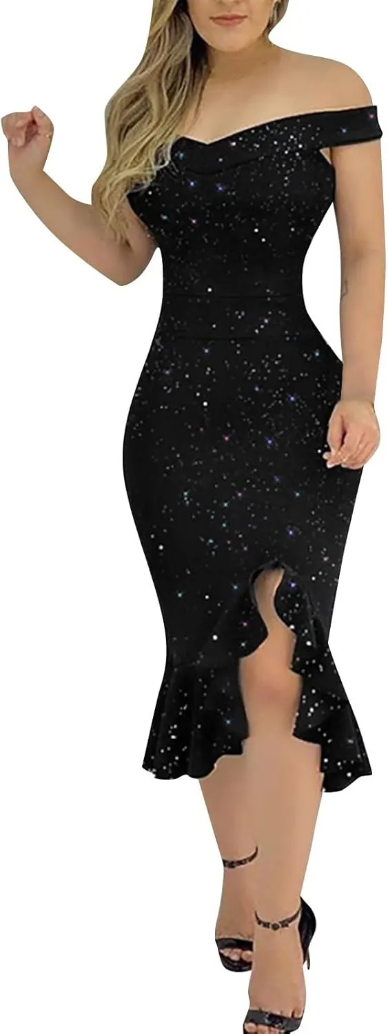 Cocktail Dresses for Women,2025 Elegant Bodycon One/Off Shoulder Wedding Guest Dress Ruched Slit Hem Party Dress
